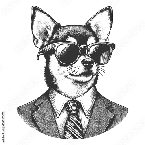 chihuahua businessman in a suit and aviator sunglasses, elegance and humor in a stylized vintage look sketch engraving generative ai vector illustration. Scratch board imitation. Black and white image