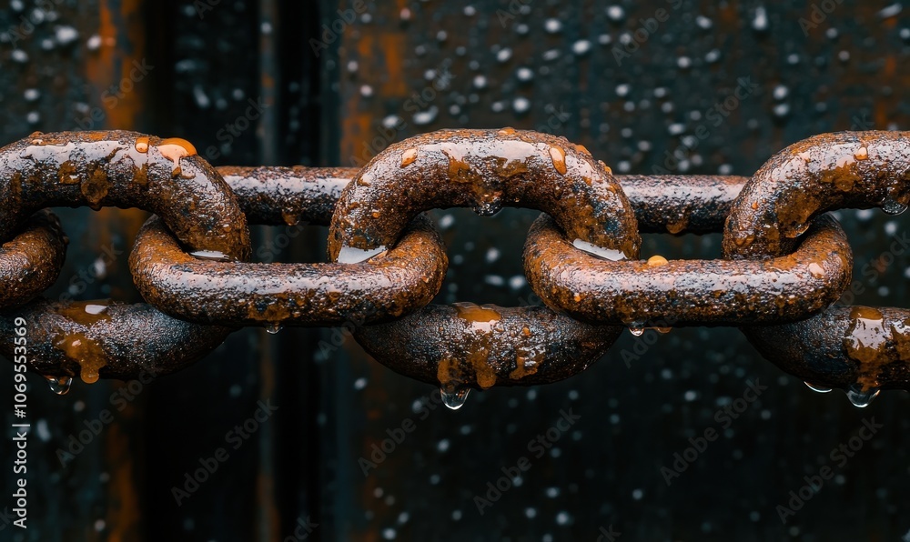 Fototapeta premium Chains connect on damp grimy metal