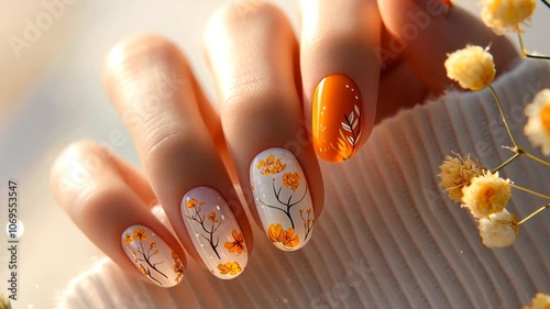 Close-up of a hand with colorful and patterned nail polish