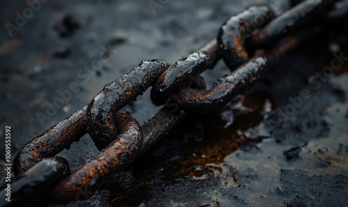 Chains connect on damp grimy metal