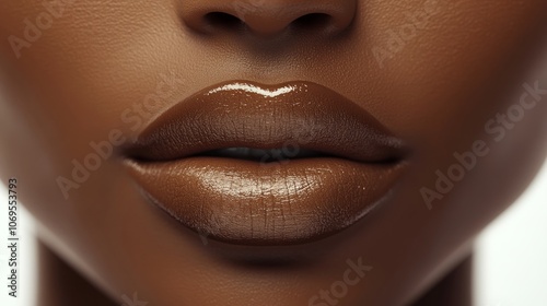 close-up focusing only on a woman with bronzed skin. The image highlights the mouth, featuring lips with the same shape and thickness as in the provided reference image. 