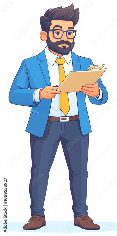 professional man in blue suit and glasses holds documents, exuding confidence and focus. His stylish appearance and thoughtful expression suggest he is engaged in important work