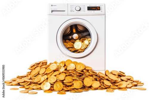 washing machine overflowing with golden coins symbolizes money laundering. This creative concept highlights contrast between everyday appliances and illicit financial activities