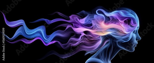 Abstract neon silhouette with flowing hair in vibrant colors and motion