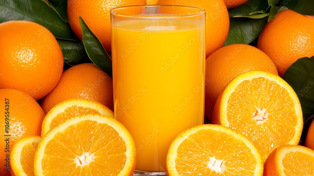 Freshly squeezed orange juice in a tall glass surrounded by whole and sliced ripe juicy oranges on a rustic wooden background This vibrant Freshly squeezed orange juice in a tall glass surrounded by whole and sliced ripe juicy oranges on a rustic wooden background This vibrant