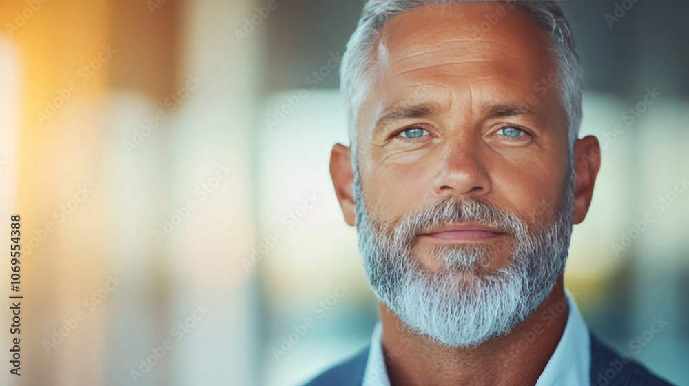 Fototapeta premium A portrait of a man with graying hair and beard, looking directly at the camera.