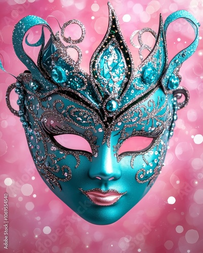 Shimmering Turquoise Mask with Sequins on Soft Pastel Pink Background, Glamorous Masquerade Look