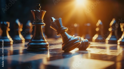 Close-up of a chessboard with a toppled king and intense lighting, symbolizing strategic depth and competition