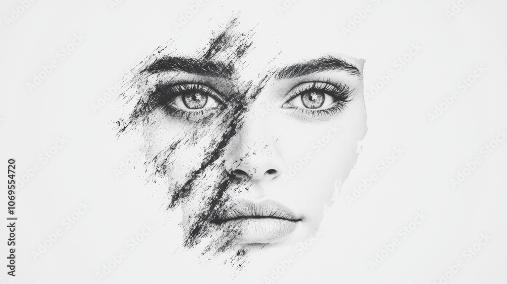 Obraz premium Artistic black and white portrait of a woman with textured brushstroke effect