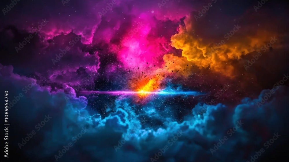 Vibrant cosmic explosion with colorful clouds and starry sky Vibrant cosmic explosion with colorful clouds and starry sky