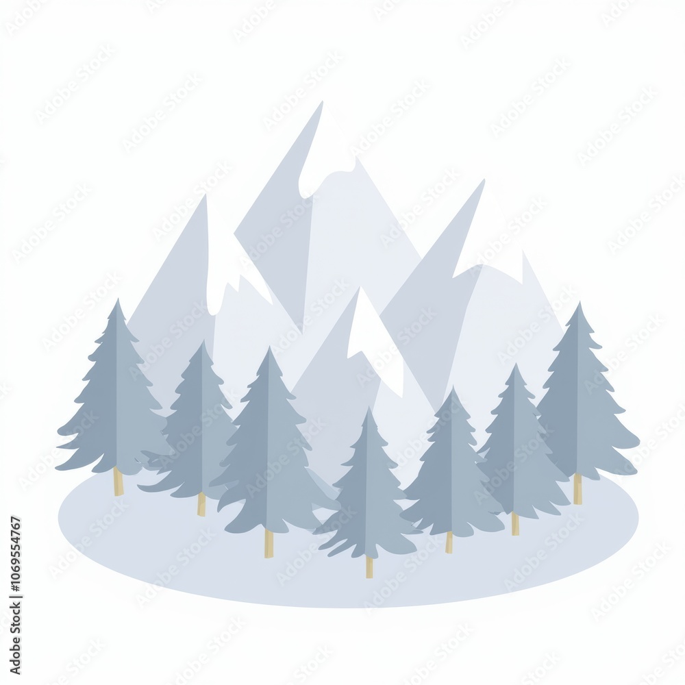 Obraz premium Minimalist mountain landscape with trees, soft shadows, and a tranquil vibe in blue tones. Generative, AI,