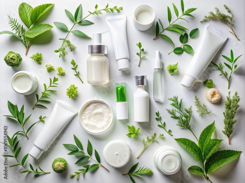 Top View of Organic Skincare Products - Serums, Creams, and Lotions with Green Leaves and Branches on a White Background for Natural Beauty and Wellness Themes