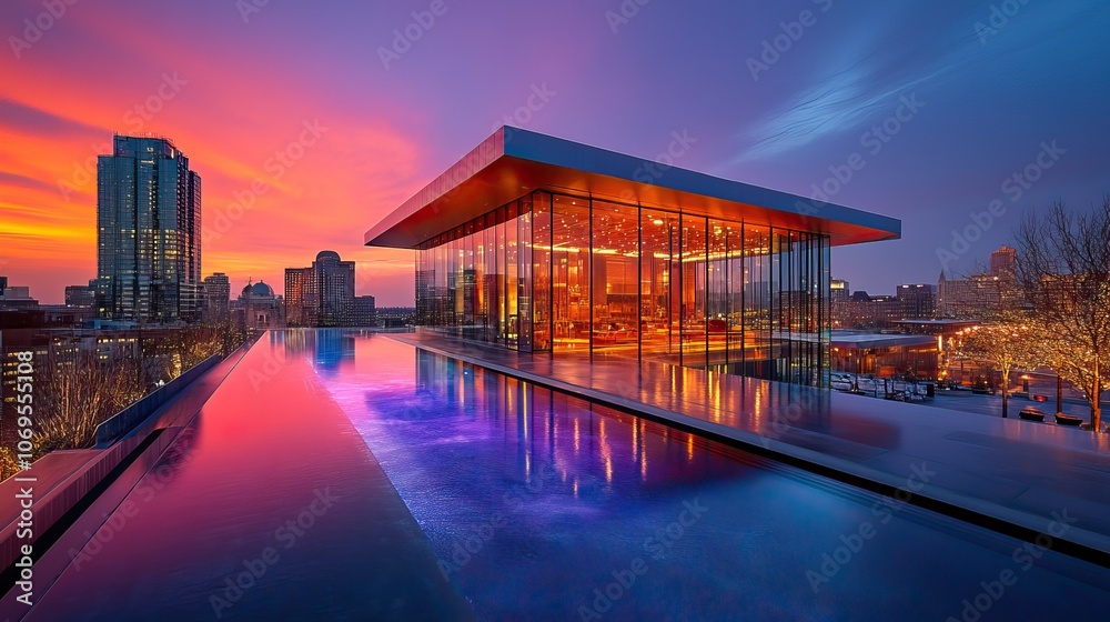 Obraz premium A night view emphasizes a skyline, showcasing modern architectural elements and vibrant illumination.