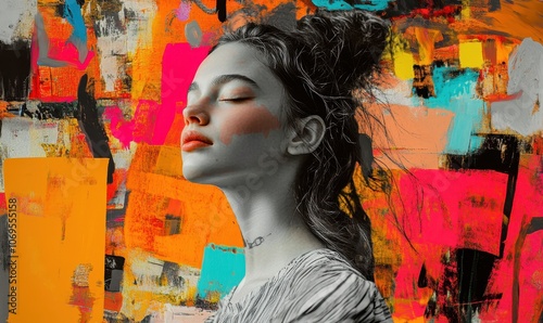 Collage of young woman against modern art background. Generative AI image
