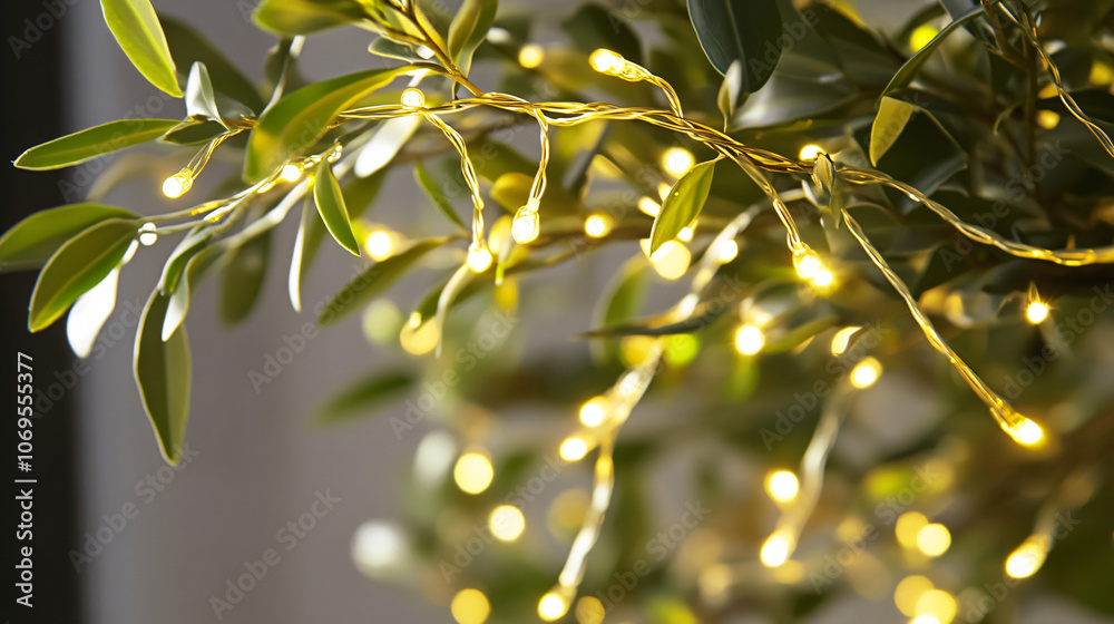 Fototapeta premium Mistletoe branches with sparkling lights, creating a festive atmosphere.