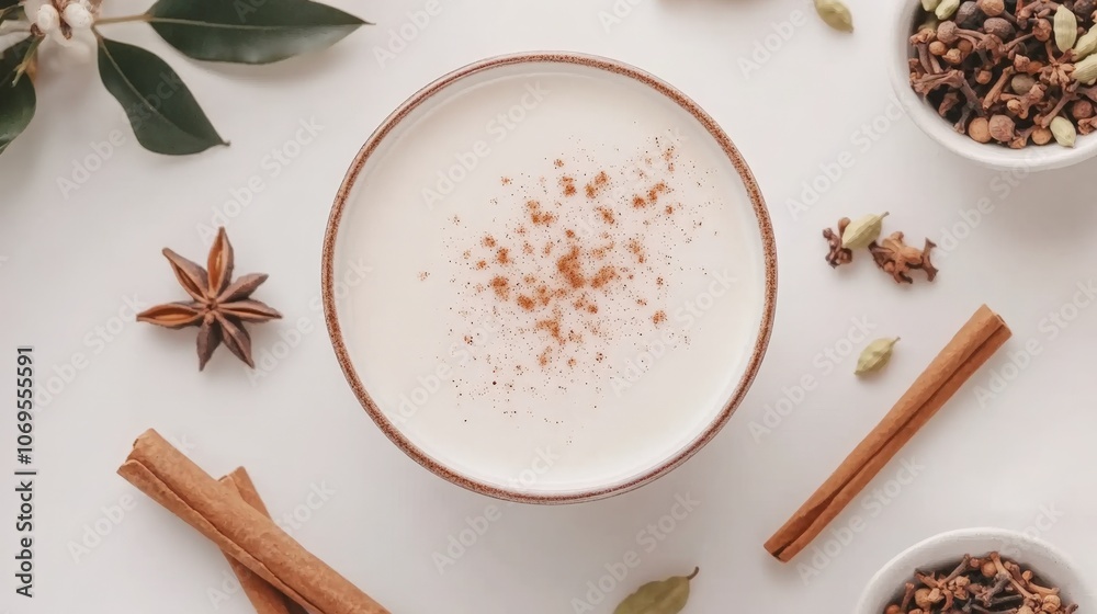 Cozy chai latte with cinnamon and spices on white background Cozy chai latte with cinnamon and spices on white background
