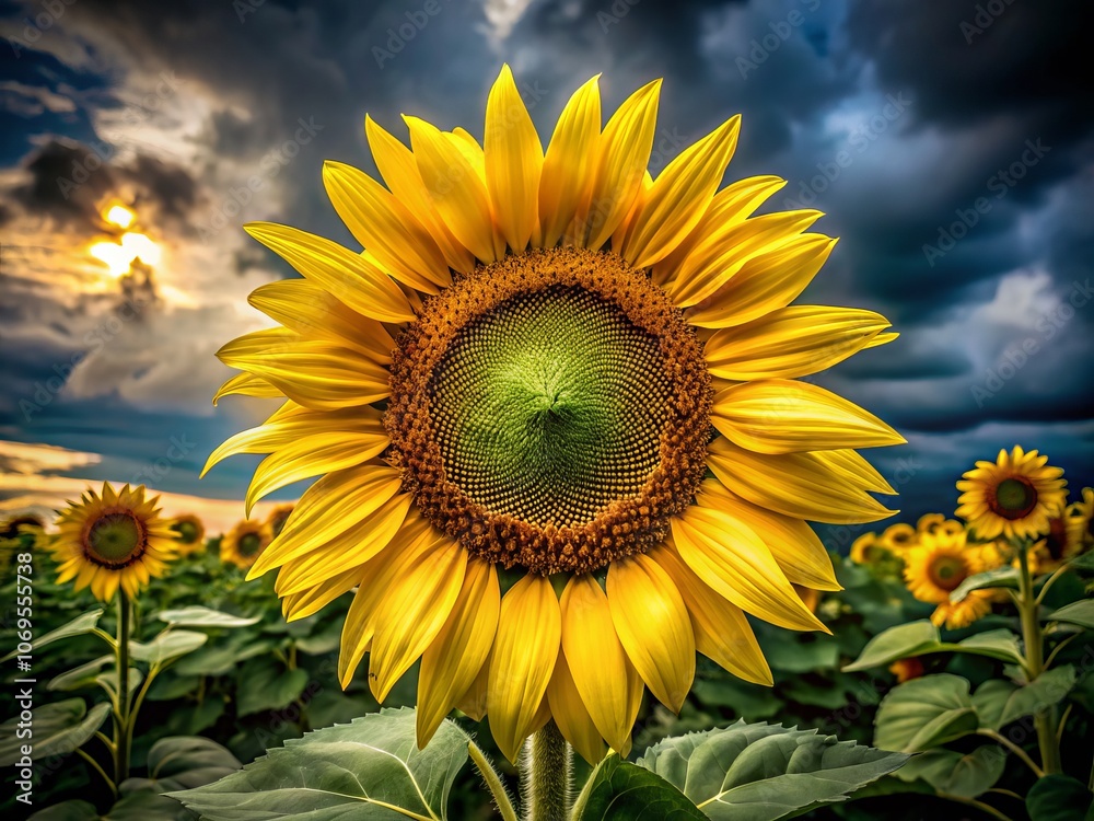 Obraz premium Vibrant Large Yellow Sunflower with Lush Green Leaves Set Against a Dark Background, Capturing the Essence of Nature's Beauty in a Striking Composition