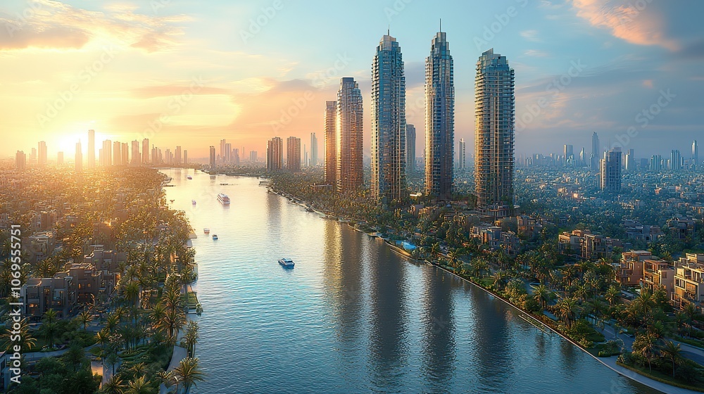 Fototapeta premium A panoramic view highlights the new canal and towering skyscrapers, symbolizing urban development and innovation.