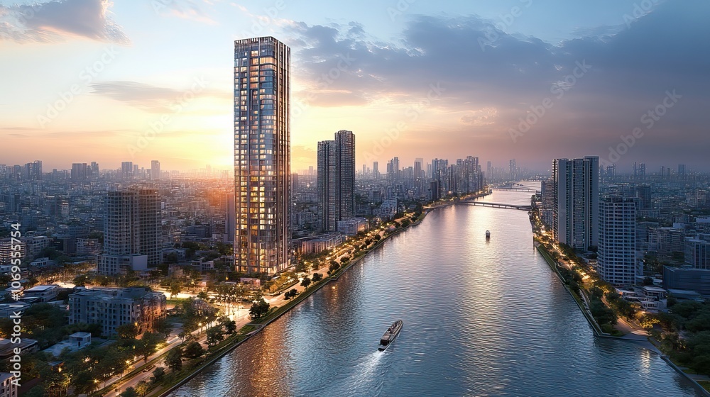 Fototapeta premium A panoramic view highlights the new canal and towering skyscrapers, symbolizing urban development and innovation.