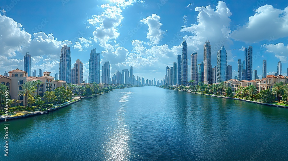 Obraz premium A panoramic view highlights the new canal and towering skyscrapers, symbolizing urban development and innovation.