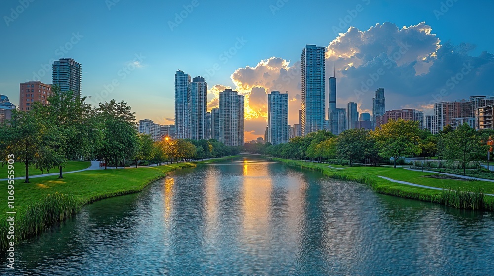 A panoramic view highlights the new canal and towering skyscrapers, symbolizing urban development and innovation. A panoramic view highlights the new canal and towering skyscrapers, symbolizing urban development and innovation.