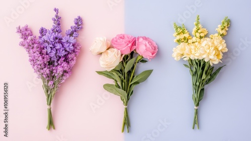 Elegant floral arrangements on pastel backgrounds: lavender, pink roses, and yellow chrysanthemums