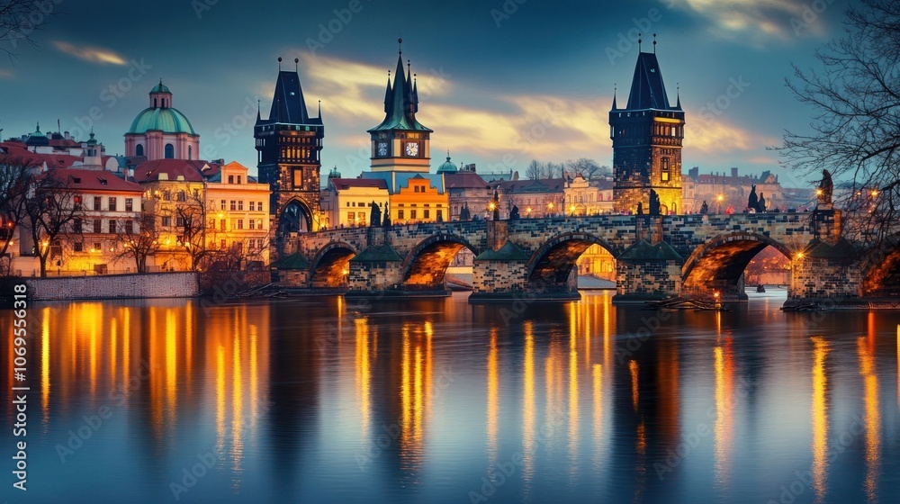A picturesque evening view of a historic bridge illuminated by city lights reflecting in the water. A picturesque evening view of a historic bridge illuminated by city lights reflecting in the water.