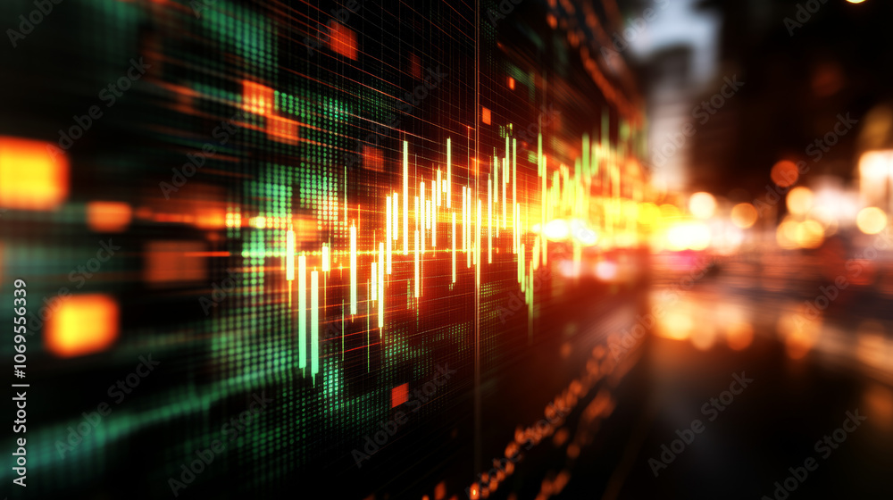 A close-up of a screen displaying a data visualization of stock market trends.