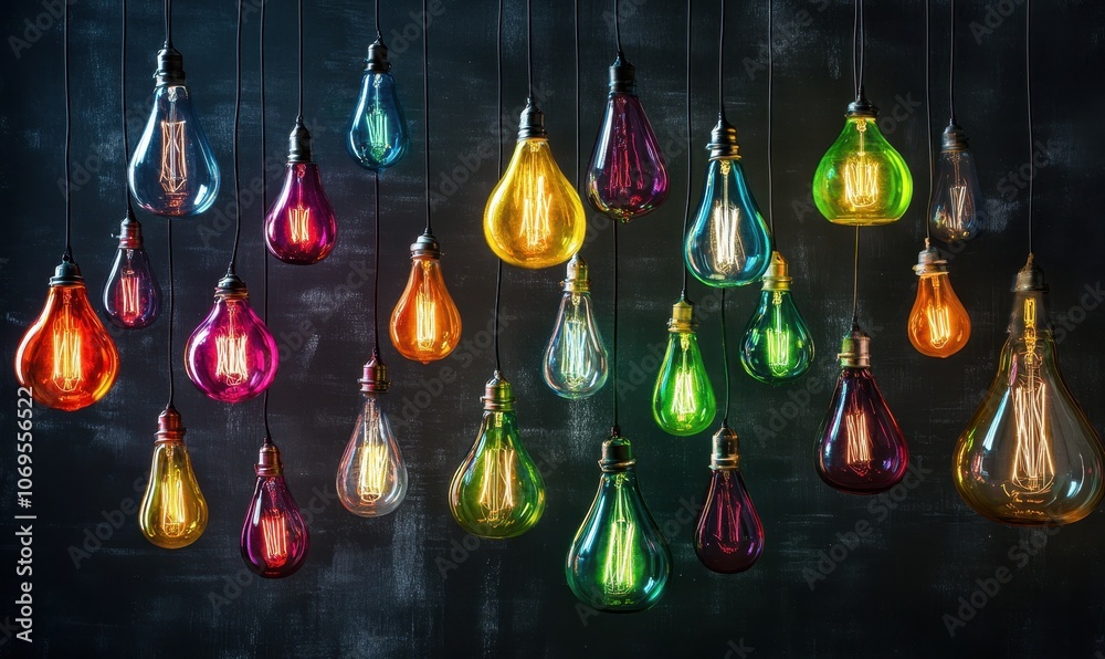 Colorful light bulbs hanging against a dark chalkboard backdrop, showcasing an array of vibrant hues and shapes for creative decor Colorful light bulbs hanging against a dark chalkboard backdrop, showcasing an array of vibrant hues and shapes for creative decor