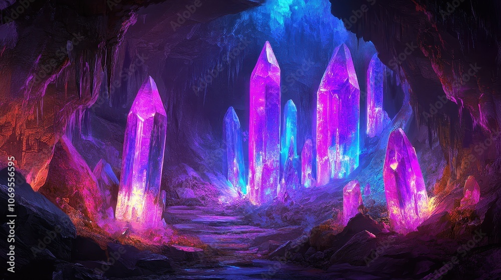Fototapeta premium A Cave Lit by Glowing Purple and Blue Crystals