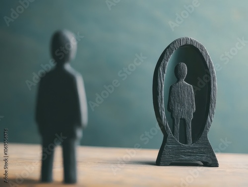 A wooden figure stands before a mirrored sculpture, reflecting its own image, symbolizing self-reflection and introspection. photo