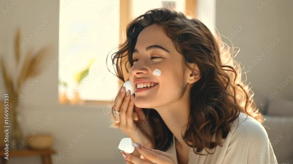 Woman is applying makeup to her face. Concept of beauty and self-care Woman is applying makeup to her face. Concept of beauty and self-care