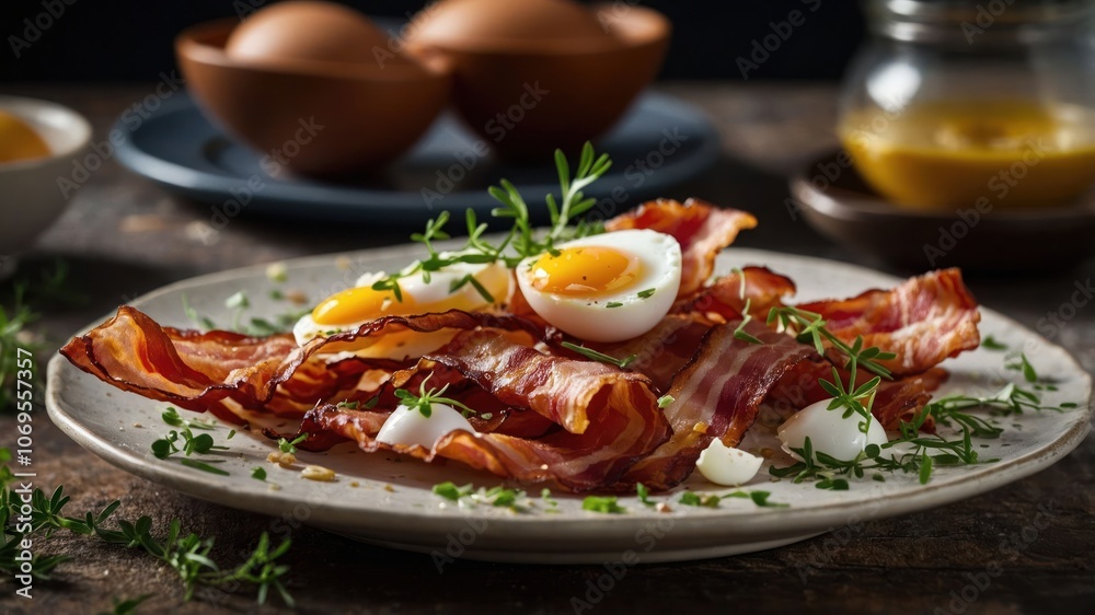 A plate of crispy bacon and soft-boiled eggs garnished with herbs.