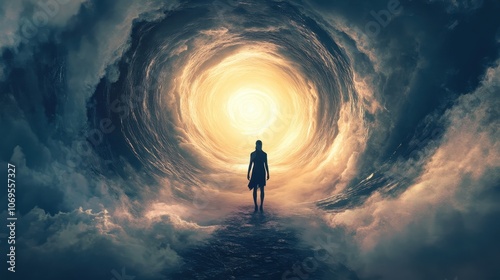 Fototapeta Naklejka Na Ścianę i Meble -  A lone figure walking towards a bright portal in the clouds