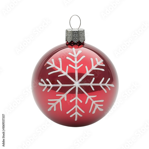 Red ball ornament with white snowflakes placed on transparent background.