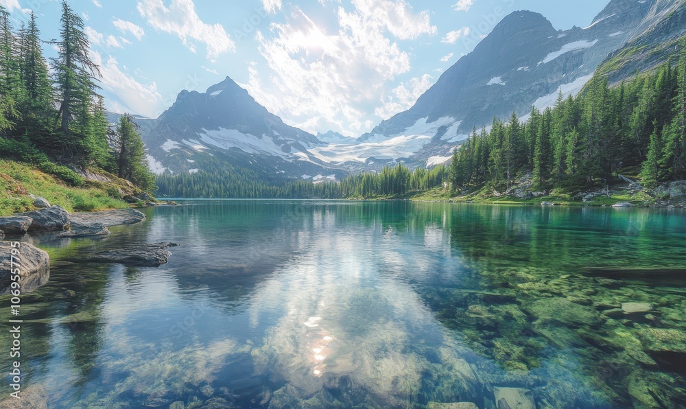 Naklejka premium Crystal clear sunset lake wilderness.