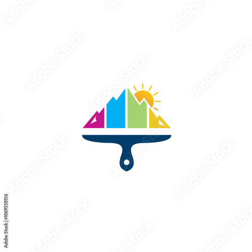 A paintbrush with a mountain landscape and sun on the bristles