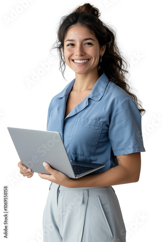 20s hispanic female employee, she is holding a computer laptop and smiling to the camera, she wears a blue shirt, png isolated on transparent. 