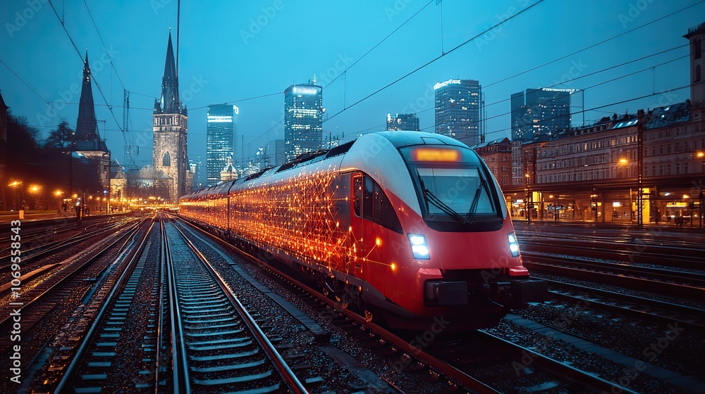 Naklejka premium A railroad traffic network is illustrated with advanced technology concepts, emphasizing the integration of modern transport systems.