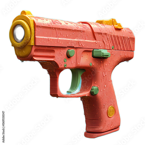 Colorful Water-Splashed Toy Gun on a Vibrant Background photo