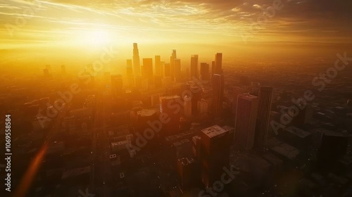 A breathtaking sunset over a city skyline, casting golden hues across the buildings.