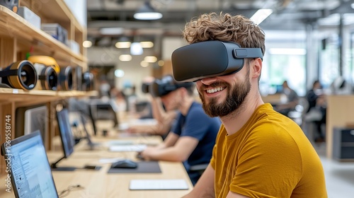 The tech startup office is a hub of creativity and innovation, with sleek VR headsets lining the shelves and cutting edge tools for design and development scattered across the desks