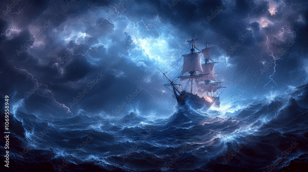 Obraz premium Futuristic Jesus Calming Stormy Sea on a Fantasy Pirate Ship
