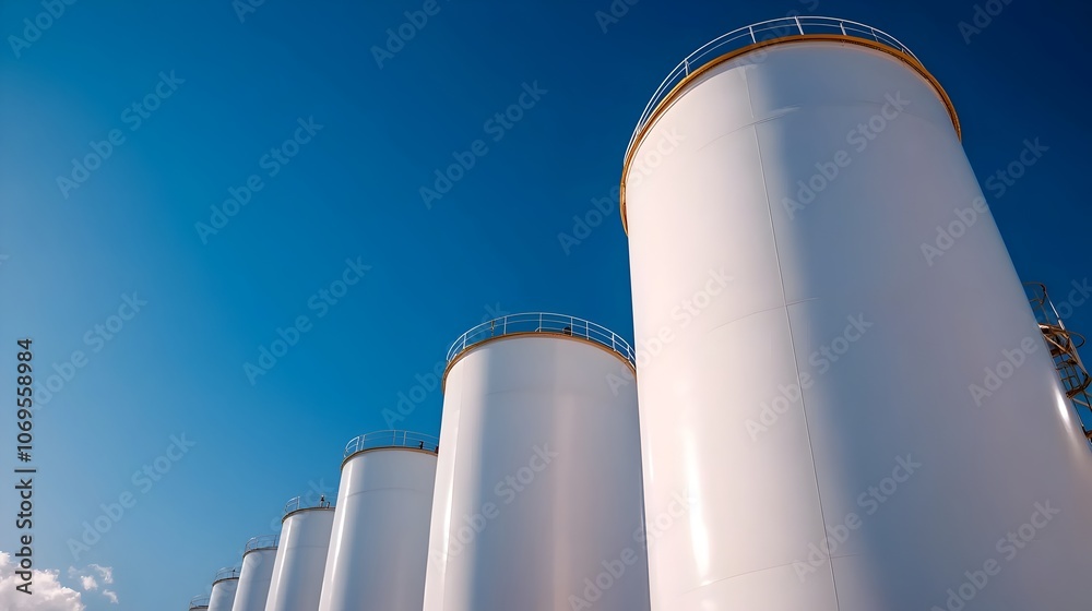 Massive cylindrical steel fuel storage tanks arranged in orderly rows at an industrial refinery facility The tall Massive cylindrical steel fuel storage tanks arranged in orderly rows at an industrial refinery facility The tall