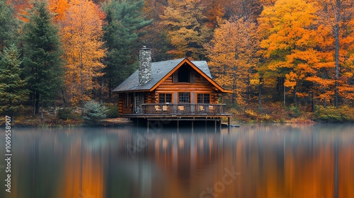 Fototapeta Naklejka Na Ścianę i Meble -  A cozy cabin sits on a tranquil lake surrounded by vibrant autumn foliage.