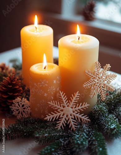 Festive Holiday Dinner Table with Candles and Snowflakes poster