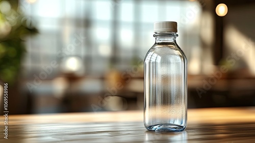 A realistic vector mockup showcases a clear empty glass bottle with a white plastic screw cap against a transparent background.