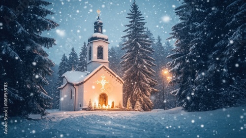 Snow-covered church with a glowing nativity scene outside, surrounded by pine trees and falling snow