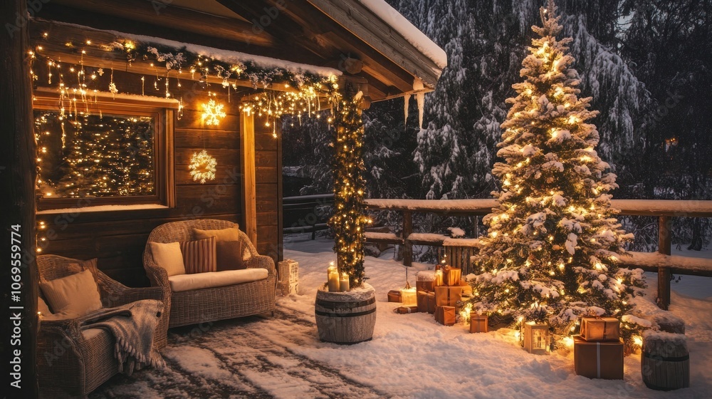 Beautifully decorated Christmas tree outdoors, covered in snow, with warm lights glowing in the evening Beautifully decorated Christmas tree outdoors, covered in snow, with warm lights glowing in the evening