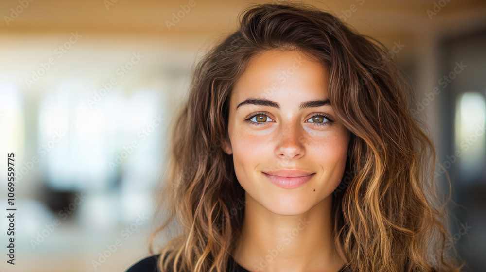 Young woman with long wavy brown hair smiles softly at the camera. Young woman with long wavy brown hair smiles softly at the camera.